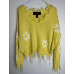 Polly & Esther Cropped Distressed Sweater Yellow Daisy Floral Y2K